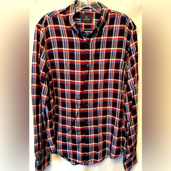 SCOTCH & SODA Regular Shirt Men's Medium Plaid Check Blue Red Black 100% Viscose - Picture 1 of 8